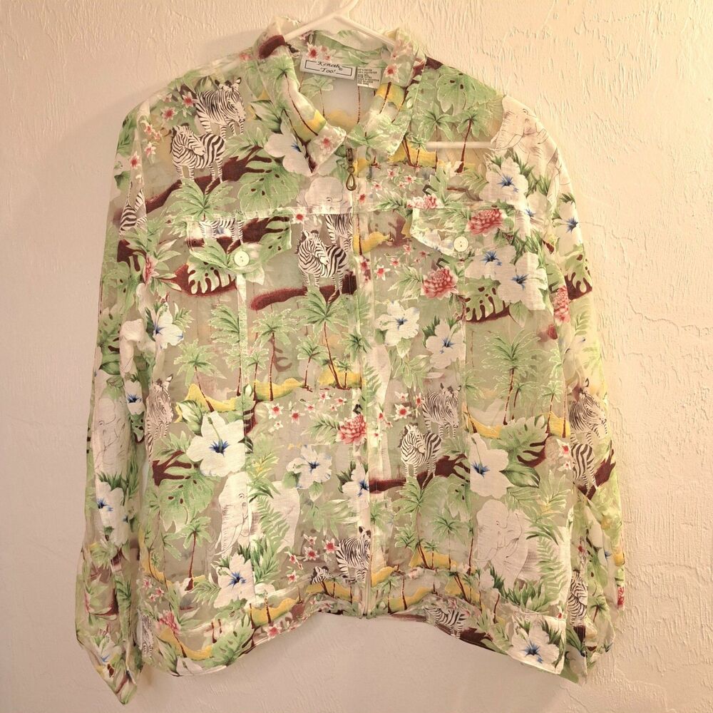 Keneth Too! Vtg XL Mesh Floral Animal Prt Jacket Eclectic‎ Retro Funky Eccentric